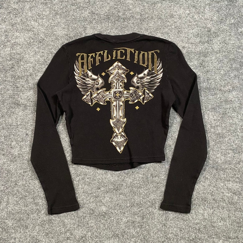 Affliction Womens Black Thermal Long Sleeve Cropped‎ Gothic Cross Graphic Top M